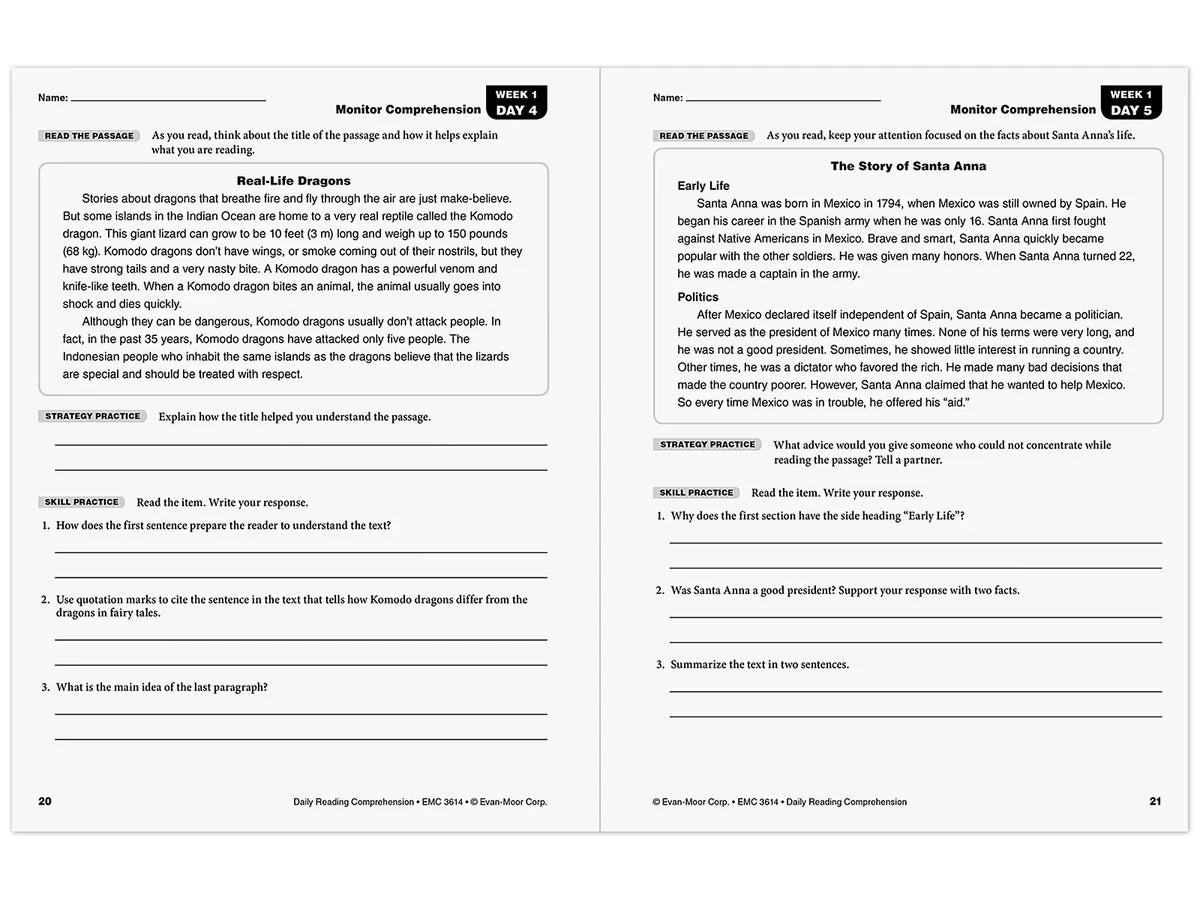 Daily Reading Comprehension Activities Workbook - Gr. 4 - US 3141
