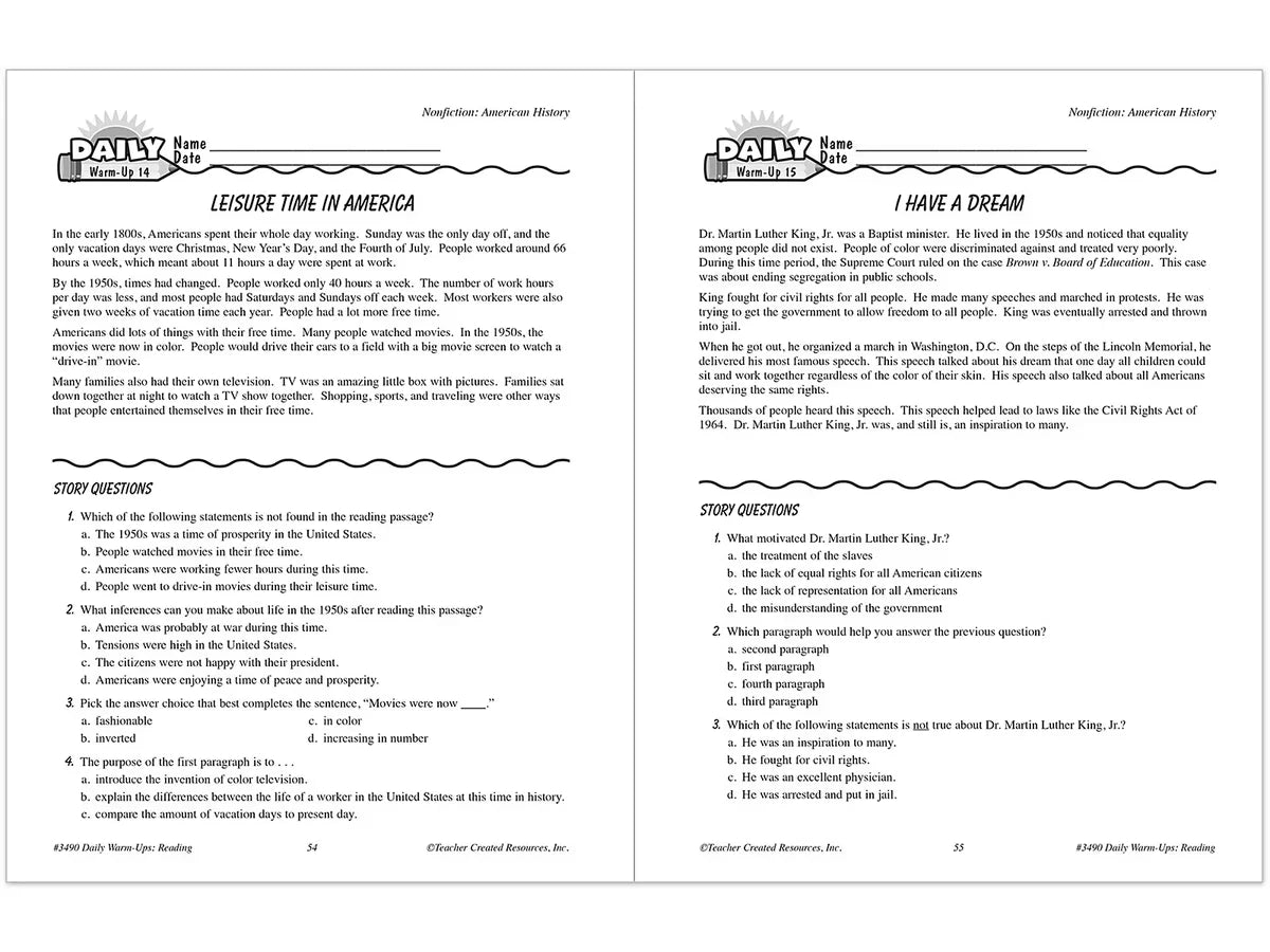 Reading Daily Warm-Ups Workbook - Gr. 4 - US 2890